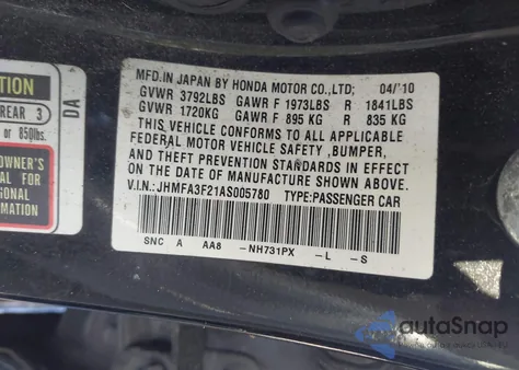 2010 Honda Civic Hybrid from USA, damaged, VIN JHMSA3F21AS005780